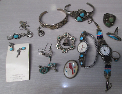 Vintage Mixed Lot Turquoise Native American Sterling Silver Jewelry   **