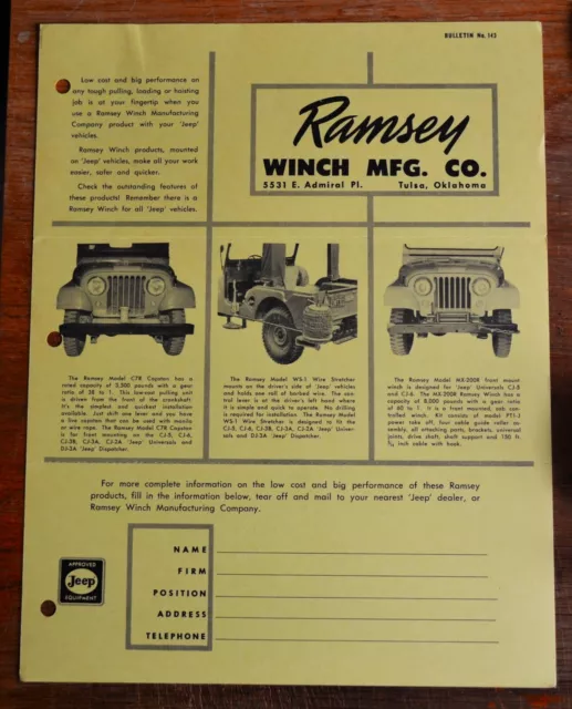 VTG 1958 Ramsey Winch Brochure Willys Jeep C7R WS-1 MX-200R