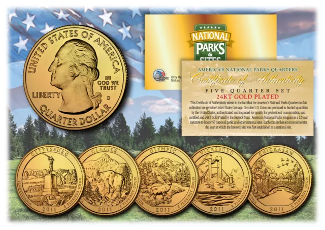 2011 America The Beautiful 24K GOLD PLATED Quarters Parks 5-Coin Set w/Capsules