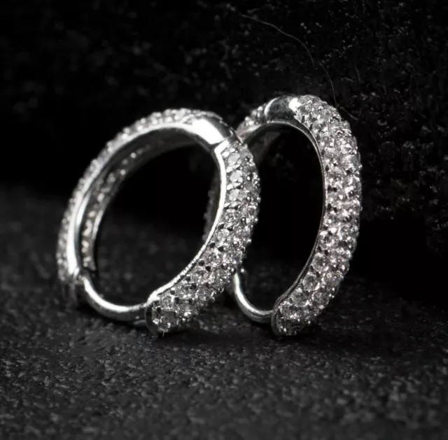 White Gold Plated Sterling Silver Elegant Iced CZ Men's Huggie Hoop Earrings