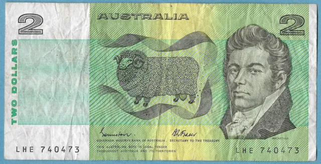 Australian 1985 $2 Two Dollars Johnston Fraser Note LHE740473
