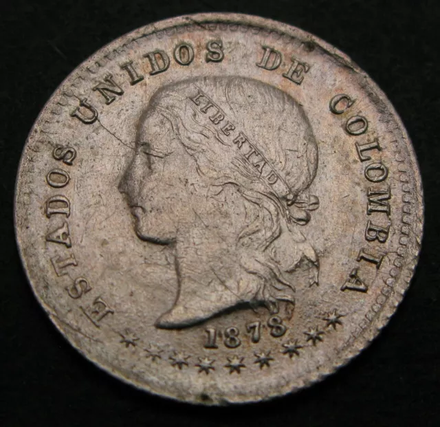 1878 Colombia 10 Centavos Silver Coin --RARE-- Only  419 mintage!