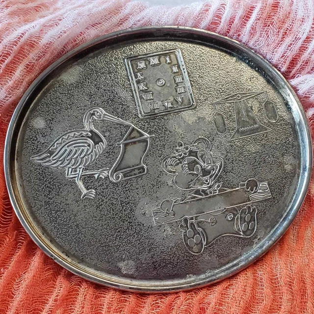 Vintage H Samuel silver plated baby plate tray engraving ready stork mouse scale