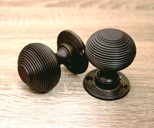 Beehive Door Knob Pair Victorian Antique Style Mortice Round Handles Aged Bronze