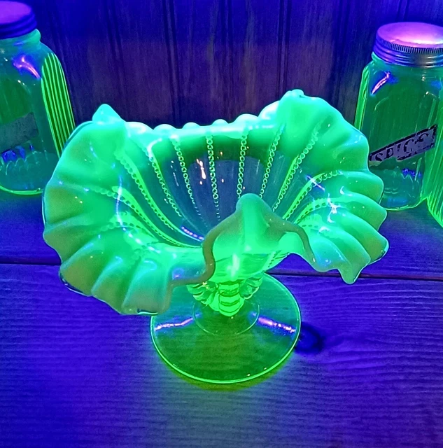Northwood Beaded Panel Ruffled Edge Stemmed Vaseline Opalescent Glass Compote