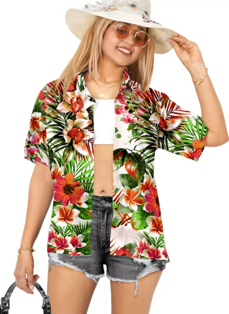 LA LEELA Hawaiian Shirts Womens Casual Summer Beach L Tropical Floral, Beige