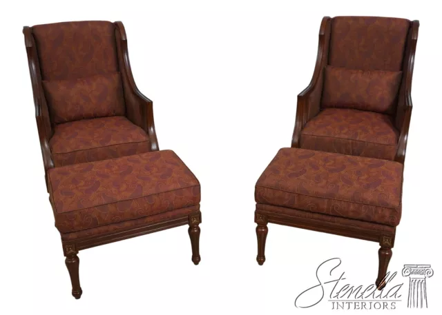 62256EC: Pair French Louis XVI Style Upholstered Chairs w. Ottomans