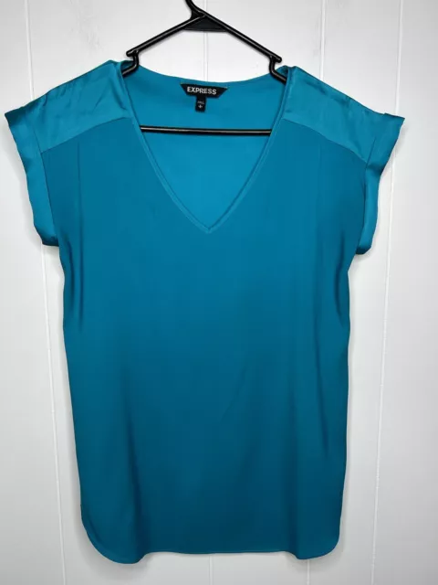 Express Blouse Women's Size Small Teal Cuffed Cap Sleeves V-Neck Tunic Career