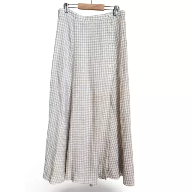 Vintage Breeches Linen Gingham Maxi Skirt Size 12 Button Front Beige Cream Wrap