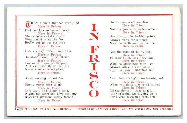 1906 Earthquake Song Lyrics San Francisco California CA UNP DB Postcard U7