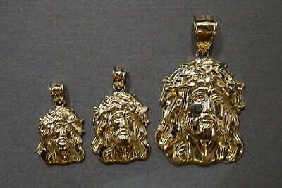 10K Solid Yellow Gold Diamond Cut Jesus Face Head Charm Pendant. 3 Sizes
