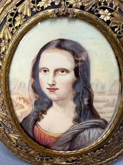 1920's Miniature Painting Portrait Mona Lisa Baroque Filigree Brass Frame Signed 2