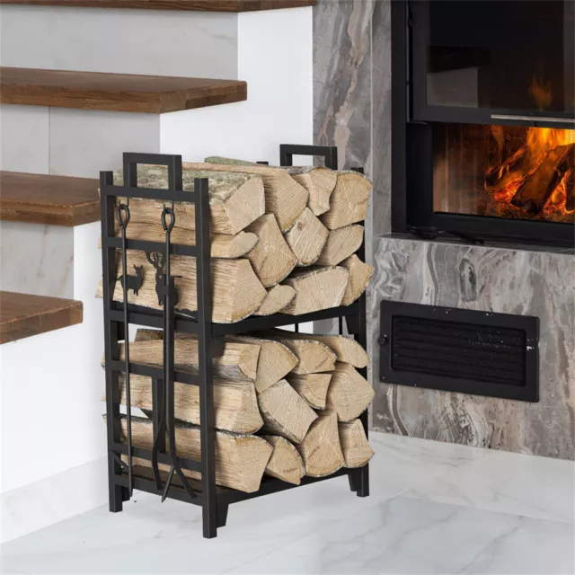 Heavy Wrought Iron Firewood Rack Logs Bin Indoor Wood Holder w/4 FireplaceTools