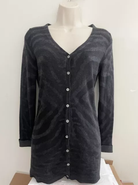 ☆ Elie Tahari 100% Cashmere Button down Cardigan Sweater Stripe Black Gray Small