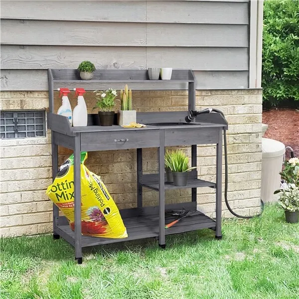Garden Potting Bench Table Work Bench Station Planting Solid Wood w/Sink Drawer