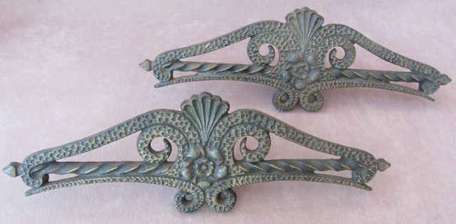 Pair Vintage Decorative Curtain Rod Centers Header Clip On Gold Cast Iron Ornate