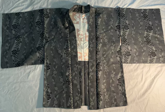 Vintage Japanese Short Kimono Jacket Cover (Haori) Black Silver Floral Pattern