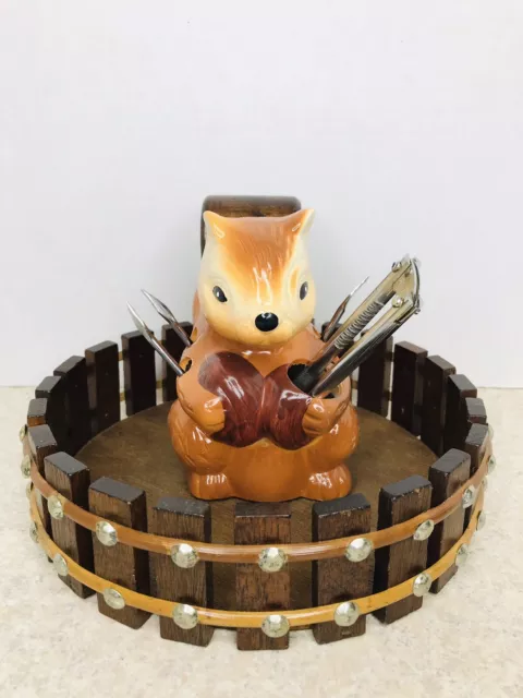 Vintage Wooden Nut Cracker Bowl Set Ceramic Squirrel