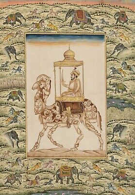 Miniature Ancien Peinture De Empereur Aurangzeb Assis Sur Composite Camel Art 3