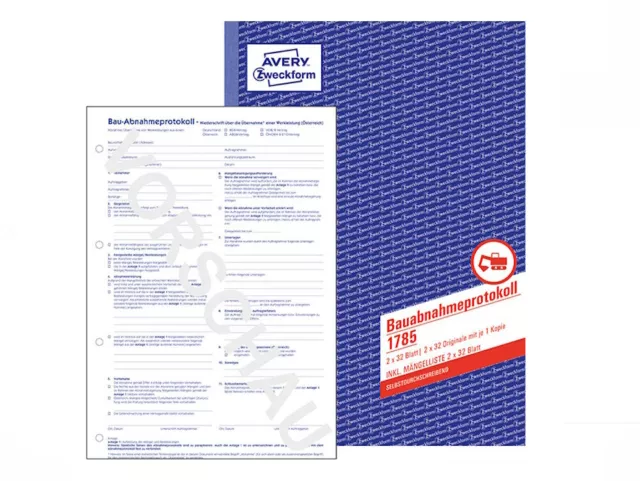 1 Zweckform Bauabnahmeprotokoll inkl. Mängelliste 1785 A4 2x 32 Blatt AVERY