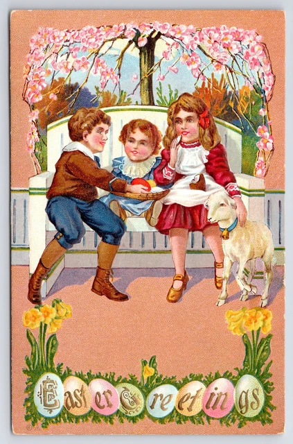 Easter~Boy & Girls on Bench~Pet Lamb~Large Letter Egg Greeting~Pink Tree~NASH