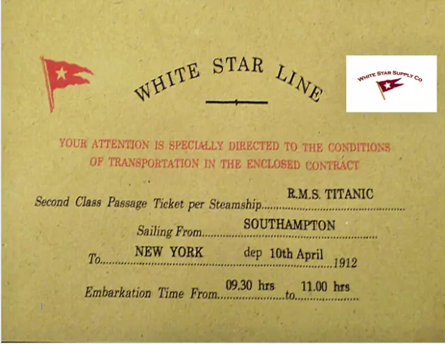 Rms Titanic White Star Line 2Nd Class Ticket Stub April 10 1912 Rp