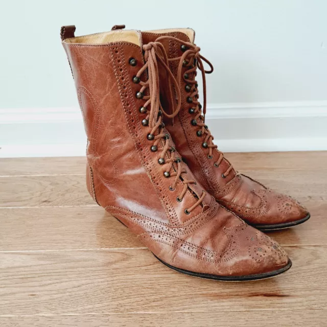 Vintage Womens Bertie Leather Lace up Booties Victorian Italy Size 38 US 7.5/8