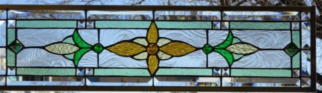 Stained Glass Transom window hanging 28  1/4 x 8  1/2   incl hooks   Brass Frame
