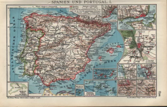 Landkarte map 1910: SPANIEN UND PORTUGAL. I/II. Lissabon Madrid Cadiz Madeira
