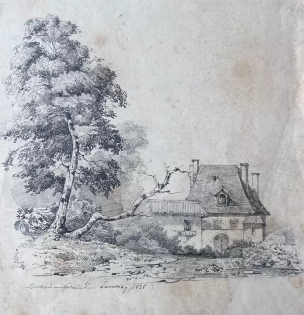 Dibujo a lápiz antiguo Siglo XIX Paisaje original Château de Santenay 1838