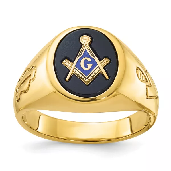 14K Yellow Gold Mens Oval Onyx Blue Lodge Master Master Mason Signet Freemaso...