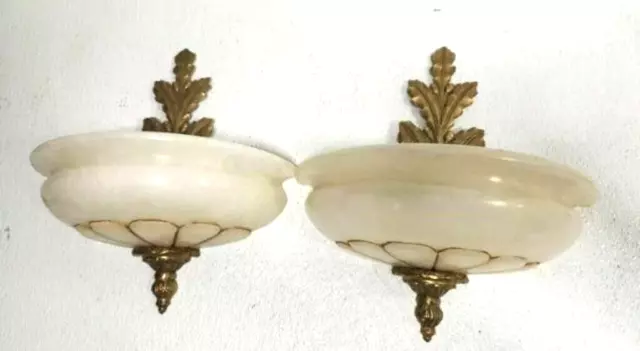 Pair of Metal Wall Sconce w/ Alabaster? Marble? Glass Shades Light Fixtures