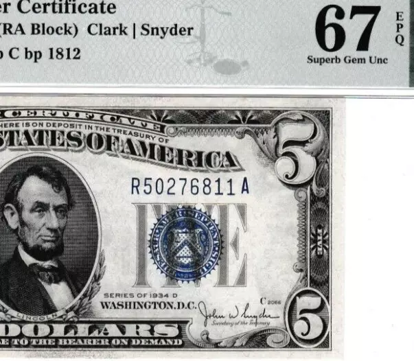 1934 D  $5  Silver Certificate Note  R 50276811 A  Superb Gem Unc Pmg 67 Epq