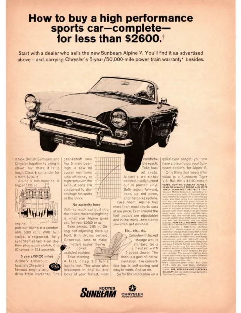 1968 Rootes British Sunbeam Alpine V Chrysler Motors Class E Auto Car Print Ad