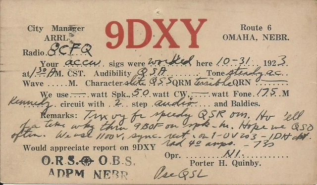 Vintage Ham Radio Qsl Cards 1923   9Dxy   Omaha, Ne.