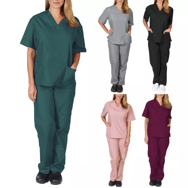 2Pcs Womens Nursing Medical Scrub Suit Doctor Nurse BlouseTops Pants Uniform Set