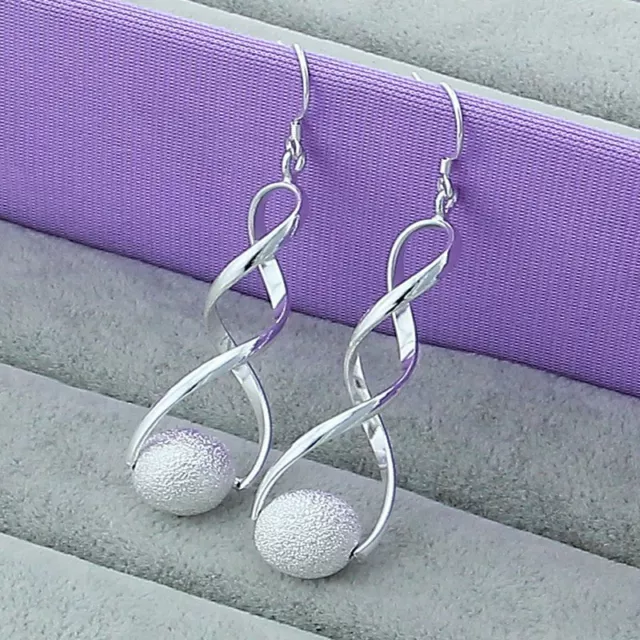 Womens 925 Sterling Silver Twist Spiral Bead 3" Long Drop Dangle Earrings #E281