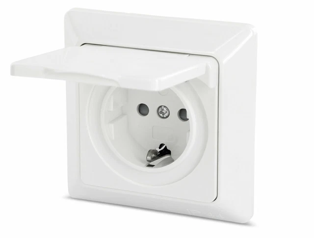 Prise Encastrée IP44 Couvercle Rabattable Blanc - Haut Prise Zones Humides Dose