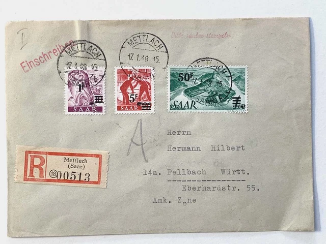 Saarland Nr. 238 Z II MiF auf R-Brief METTLACH 17.1.48 - FELLBACH #129142