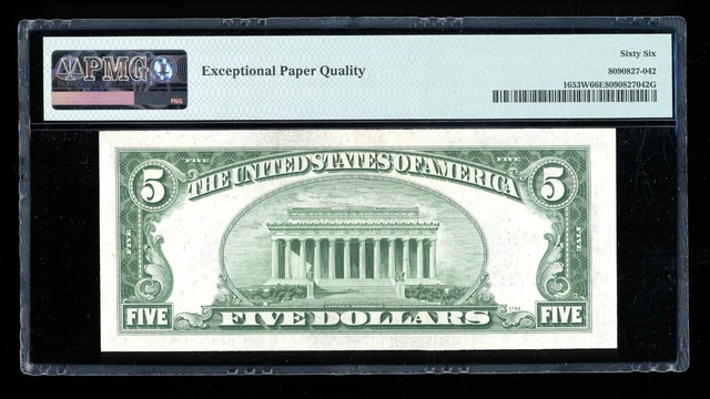 DBR $5 1934-C Silver Gem Fr. 1653W QA Block Wide PMG 66 EPQ Serial Q49162971A 2
