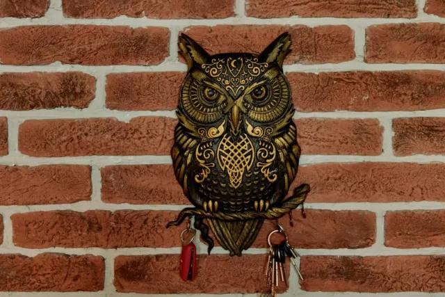 Key holder for wall  Wooden carved Owl hook display Unique gifts Wall art decor