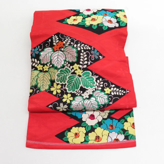 Japanese Kimono Nagoya Obi Silk diamond-shaped camellia Red 127.6inch Women's
