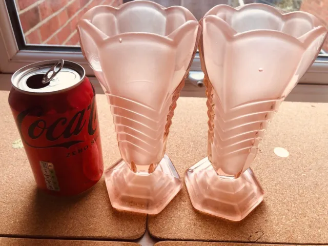 Pair of Vintage Davidson Frosted Pink Glass Vases Art Deco Style Chevron Pattern