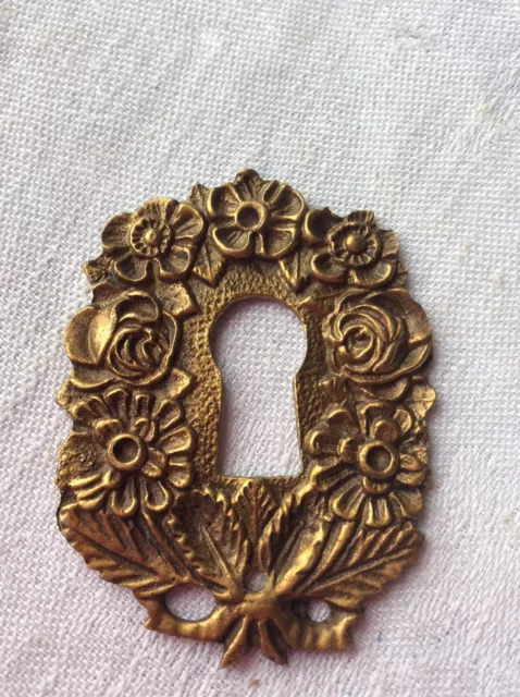 French Antique Brass Key Hole Cover Surround Gilded Gold Floral Swag Escutcheon 3