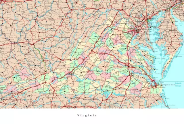 Virginia State Road Map Glossy Poster Picture Photo Banner City