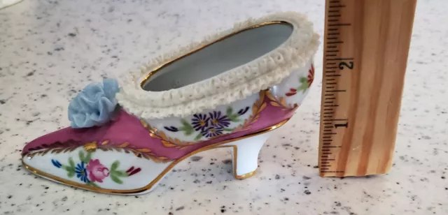 Victorian Porcelain hand painted shoe with lace trim
