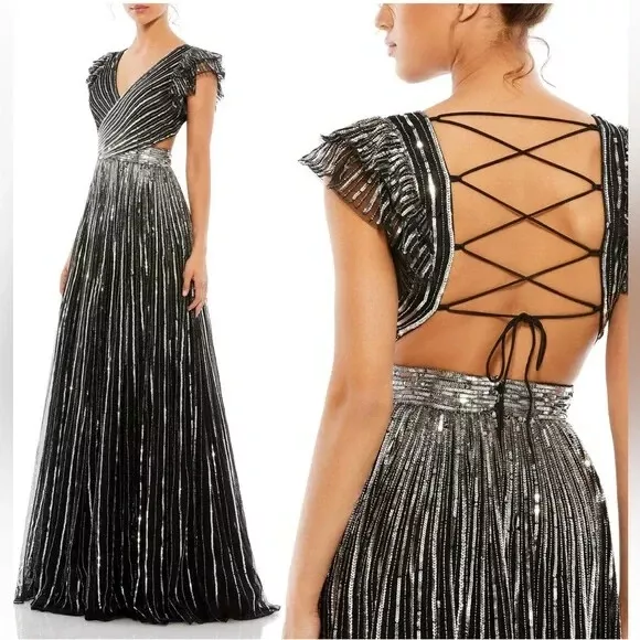 Mac Duggal Black Silver Sequin Beaded Cutout Gown Size 10 $598