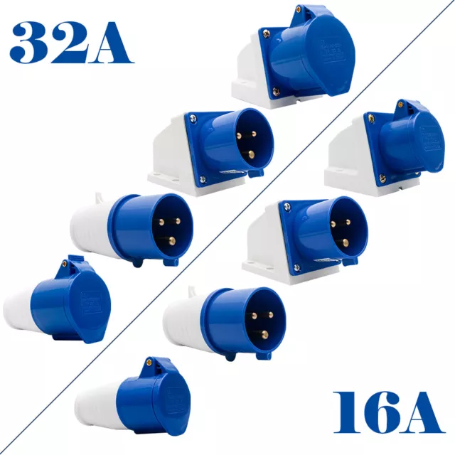 16A/32A 240V 3Pin Blue Industrial Plug & Sockets IP44 Camping Caravan Industrial