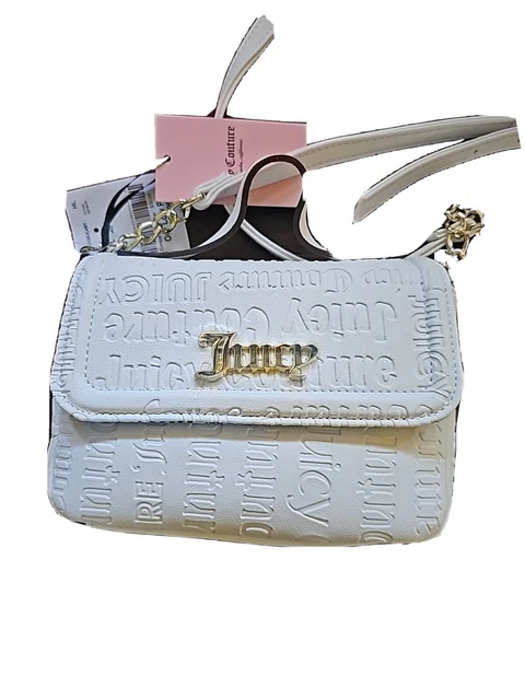 Juicy Couture SM Satchel Deboss White Flap Xbody Bag $87 Gothic Logo Purse NWT!