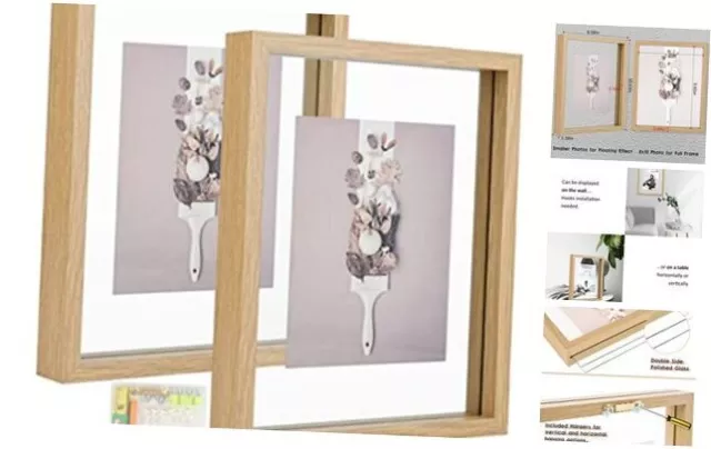 Floating Frame Set of 2,Double Glass Rustic Photo Frame for Wall 8x10 Natural